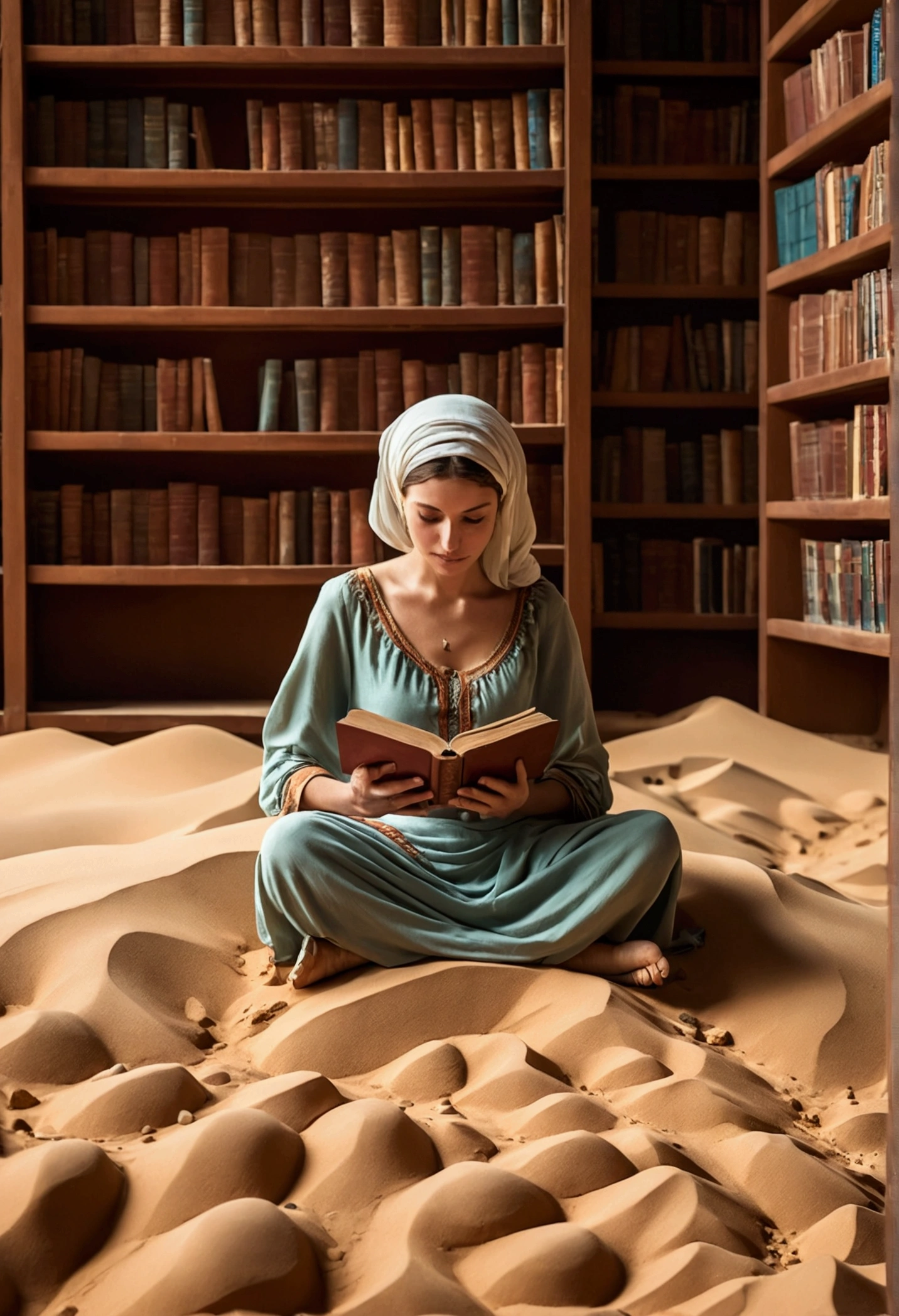 scene for the cover of a modest Caucasian woman in a library reading books buried in the desert sands