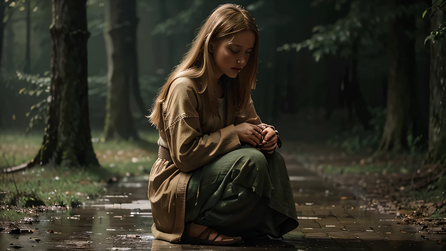 Sad beautiful girl praying on her knees, crying, with blue eyes, yellow hair, dressed in old worn brown clothes, 1st century AD, in rain in forest, dramatically poor lighting (best quality, 8k, high resolution , masterpiece: 1.2 ),ultra-detailed,(realistic,photorealistic,photorealistic:1.37),hyperrealistic,dramatic mood,melancholic,chiaroscuro lighting,emotive,emotional,religious,spiritual,temperamental,somber,cinematic,digital painting