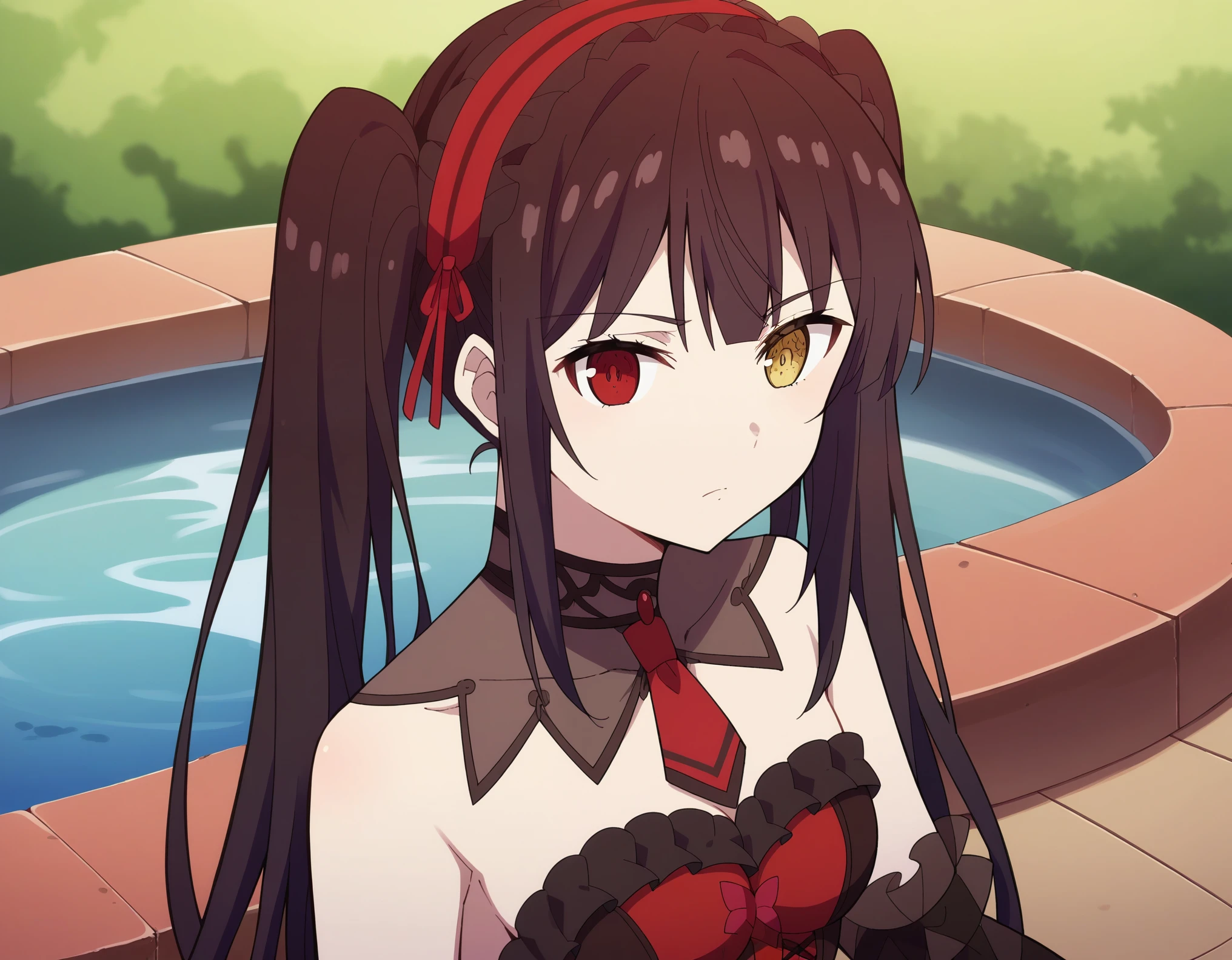 punctuation_9, punctuation_8_High above, punctuation_7_High above, fountain_アニメ,
kurumitokisaki, tokisaki kurumi, Bblack hair, Eyes red, long hair,
twintails, yellow  eyes, hair elastic, heterochromia, don, red don, bared shoulders, clavicle, choker, butterfly necktie, red butterfly necktie, detached sleeves, corset, volantes, neckleace,
plein-air, paisaje, natta, moonligh, he finished, ssmile,
standing alone, dutch angle, looking ahead at viewer, cowboy shot,