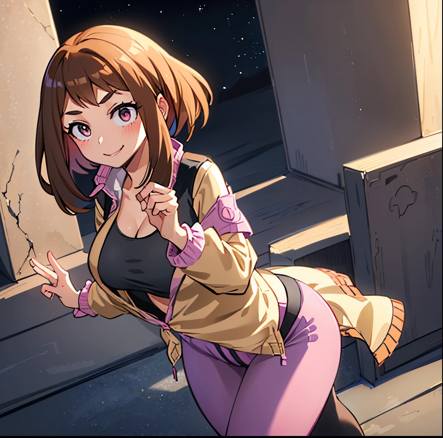 ((1girl)),((alone)),ochako uraraka,(masterpiece), (best quality), (ultra detailed), (best illustration), (best shadow), (absurdities), sharp focus, cowboy shot , dynamic posture looking at the viewer, big breasts, narrow waist, wide hips, wide thighs, round butt, erotic, romantic, (very detailed eyes, lips 1.1), very detailed eyes, eyes, Very detailed face, Very beautiful face, height full, beautiful slim figure, femininity, expressive appearance, elastic big breasts, sexuality, brown eyes, bright lips, brown hair, medium hair, shiny skin, ((pink short jacket:1.4)), ((open jacket:1.3)) , ((black sports bra:1.3)),(( cleavage)), collarbone, ((black yoga pants)), thigh gap, thick thighs, ((black pants)), embarrassed, ,defined body, perfect and beautiful body, perfect and beautiful, closed mouth, smile, happy smile, blushing, (sexy pose: 1.2), ((solo)), standing: 1.3, outdoor, cityscape, streets, city, night ,city lights,looking forward,((focus on thighs)), point of view:(from middle), perfect anatomy, perfect hands