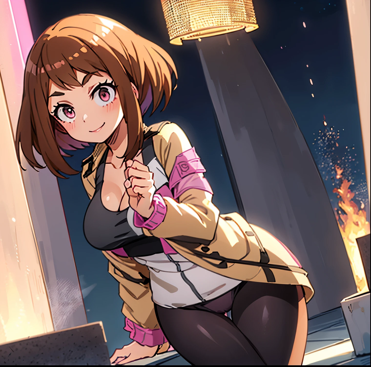 ((1girl)),((alone)),ochako uraraka,(masterpiece), (best quality), (ultra detailed), (best illustration), (best shadow), (absurdities), sharp focus, cowboy shot , dynamic posture looking at the viewer, big breasts, narrow waist, wide hips, wide thighs, round butt, erotic, romantic, (very detailed eyes, lips 1.1), very detailed eyes, eyes, Very detailed face, Very beautiful face, height full, beautiful slim figure, femininity, expressive appearance, elastic big breasts, sexuality, brown eyes, bright lips, brown hair, medium hair, shiny skin, ((pink short jacket:1.4)), ((open jacket:1.3)) , ((black sports bra:1.3)),(( cleavage)), collarbone, ((black yoga pants)), thigh gap, thick thighs, ((black pants)), embarrassed, ,defined body, perfect and beautiful body, perfect and beautiful, closed mouth, smile, happy smile, blushing, (sexy pose: 1.2), ((solo)), standing: 1.3, outdoor, cityscape, streets, city, night ,city lights,looking forward,((focus on thighs)), point of view:(from middle), perfect anatomy, perfect hands