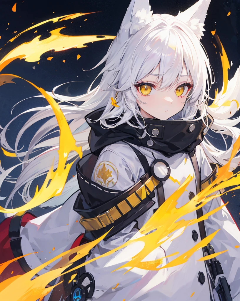 white hair、yellow Eyes、Fox ear hood、ember、parka
