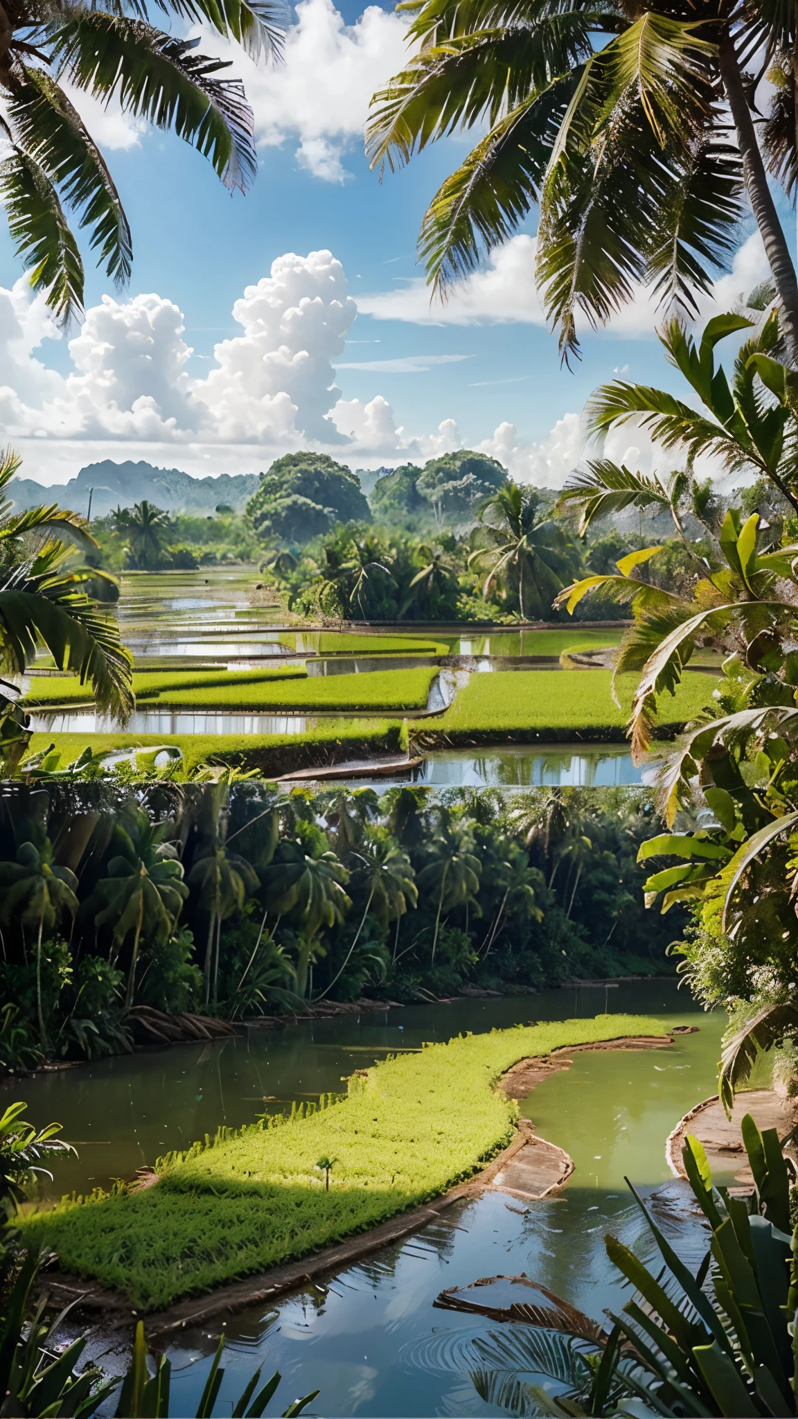 Create a hyperrealistic picture of a beautiful and enchanting view of coconut trees (coconut trees), banana trees (banana trees) on the edge of rice fields (rice fields), wooden fences on the edge of rice fields, small lakes with clear blue water, rivers, oil on rough canvas, textured scumbling technique