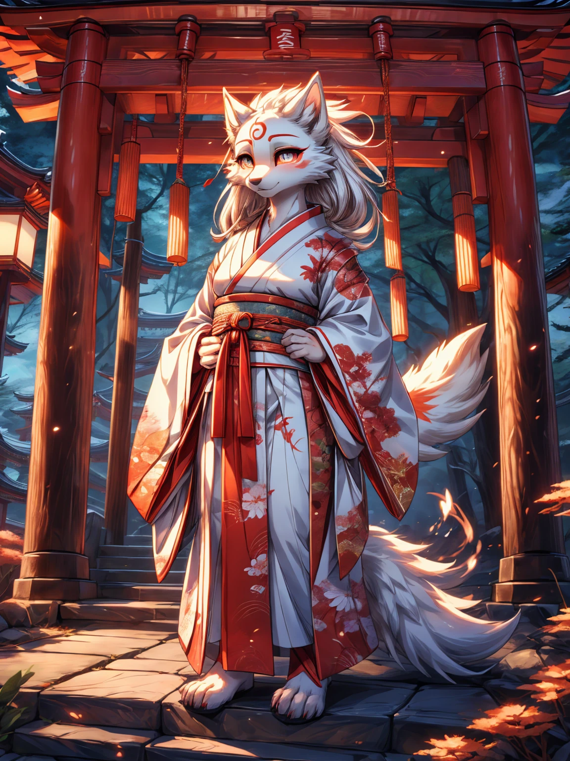 Kistune amaterasu Okami, add high definition_detagregate_detail:1, japanese shrine scenery add_detail:1, japanese shrine costume add full body_detail, under a tori gate, super detailed pupils, beautiful eyes, bright pupils