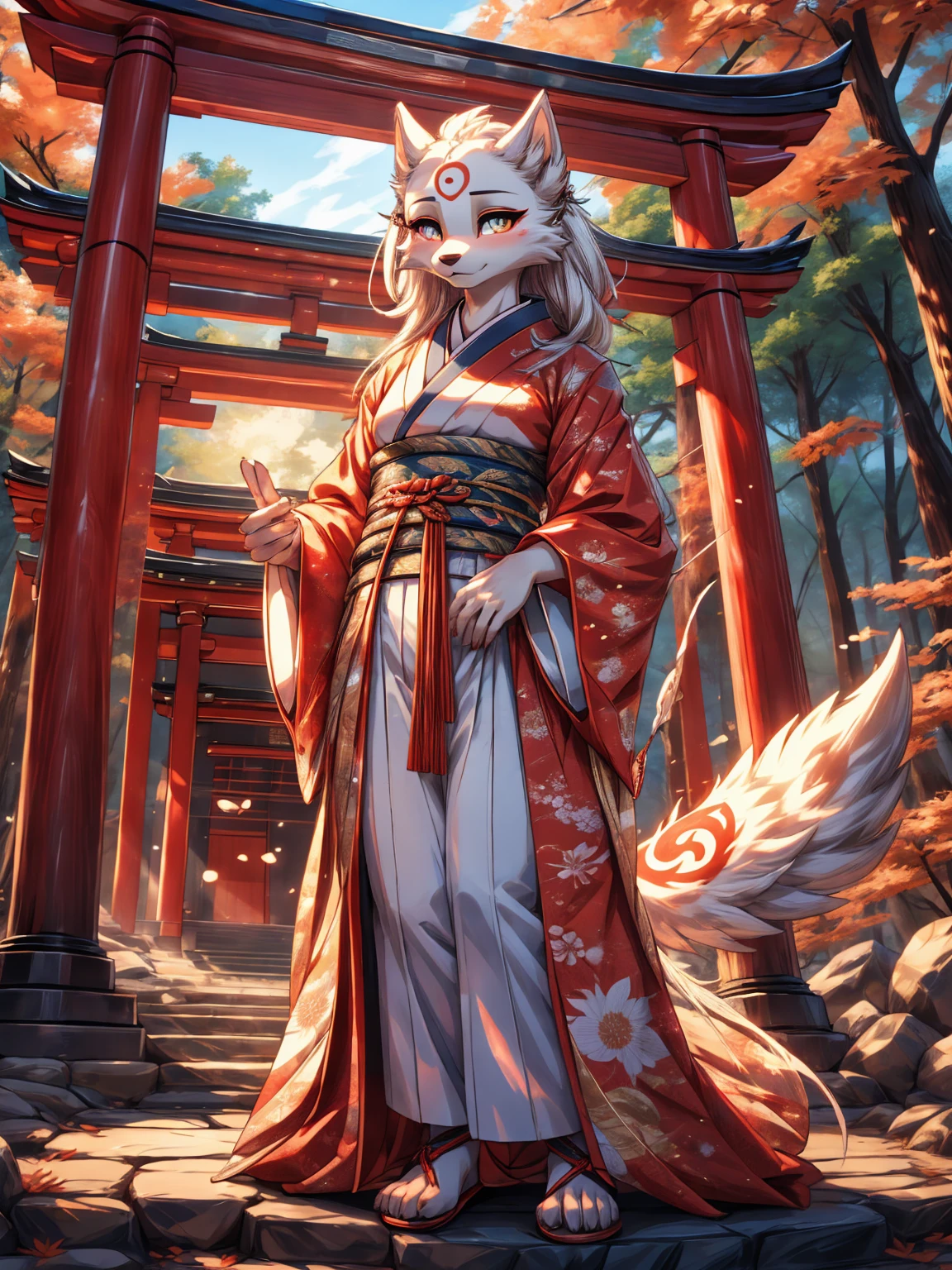 Kistune amaterasu Okami, add high definition_detagregate_detail:1, japanese shrine scenery add_detail:1, japanese shrine costume add full body_detail, under a tori gate, super detailed pupils, beautiful eyes, bright pupils 