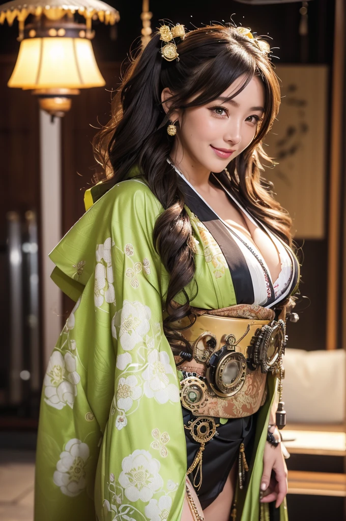 Woman portrait、Highest quality、Rear view、8k,Detailed face, clear, Fine skin、Clear, beautiful eyes、whole body、(Curly Hair)、My hair was messed up by the wind、The beauty of a smile、(Big Breastuscular、tall),(Hip_superior, Hip superior), Mature Woman,( Watching the audience),Realistic, High resolution, Soft Light,1 female, alone, Hipアップ, Glowing Skin, (Detailed face), Sexy smile, Perfect Style, Perfect balance,Brown hair,Twin tails,Naughty look,((Steampunk kimono,gyaru、brocade pattern)),(Yellow-green and white mech, High-tech Mecha),Beautiful steampunk cyborg woman,Steampunk Mecha Cyborg Girl,(Steampunk lime green kimono,gyaru、brocade pattern,バーバリーチェックのSteampunk kimono、drawstring、spikes,Beads、gloves、Luxurious obi,Lavish decoration、glove,stockings、buttons、,High leg),((arms behind back)),(bokeh),(studio lighting)