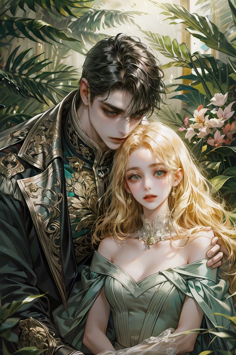 8k, complex, elegant, Very detailed, majestic, digital photography, surreal painting, defeat magic, flora garden, Shrubs, (masterpiece, side light, fine and beautiful eyes: 1.2), HdR, (ojos verde brights)), victorian dress, ( bright), elegant girl, cana, musculature, White skin, Raining, elegant, in front of the camera, masterpiece, different hair colors, black hair men, Blonde hair woman, notable height difference, thin girl, robust muscular boy, wide shoulders, muscles, manly mature face