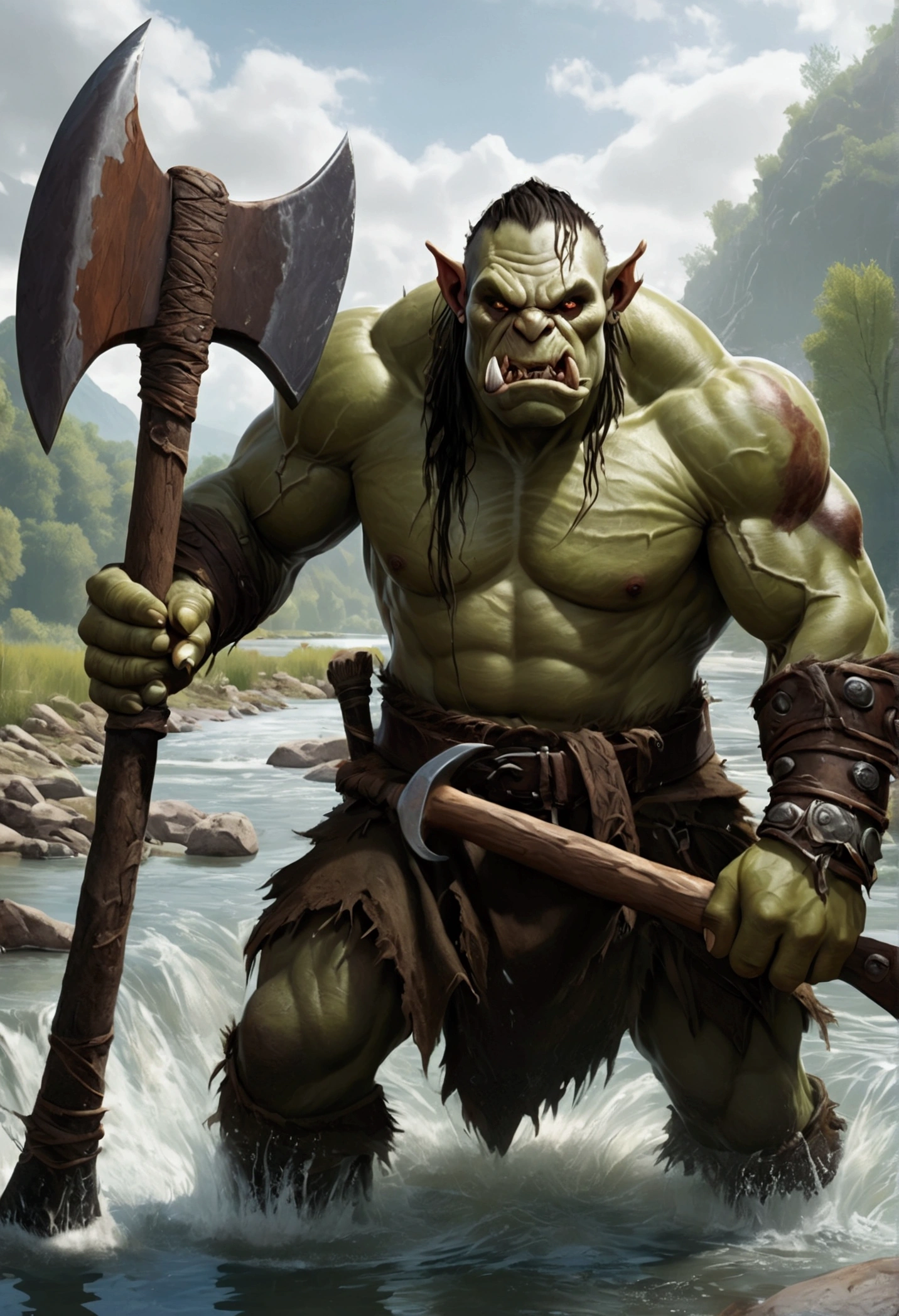 A huge orc emerges from the water of a river with a two-handed ax in his hand.