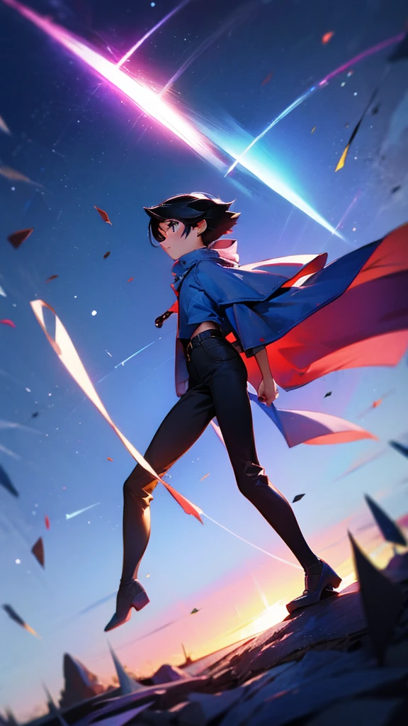 !Boy, ((Low Angle Shot:1)), wide angle camera, character in front of camera, legs in front of the camera, night sky, shooting star, Low Angle Shot