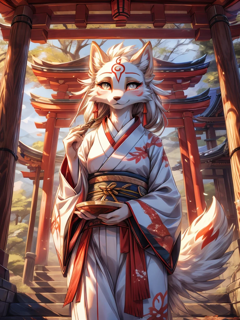 Kistune amaterasu Okami, add high definition_detagregate_detail:1, japanese shrine scenery add_detail:1, Whole body_detail, under a tori gate, super detailed pupils, beautiful eyes, bright pupils