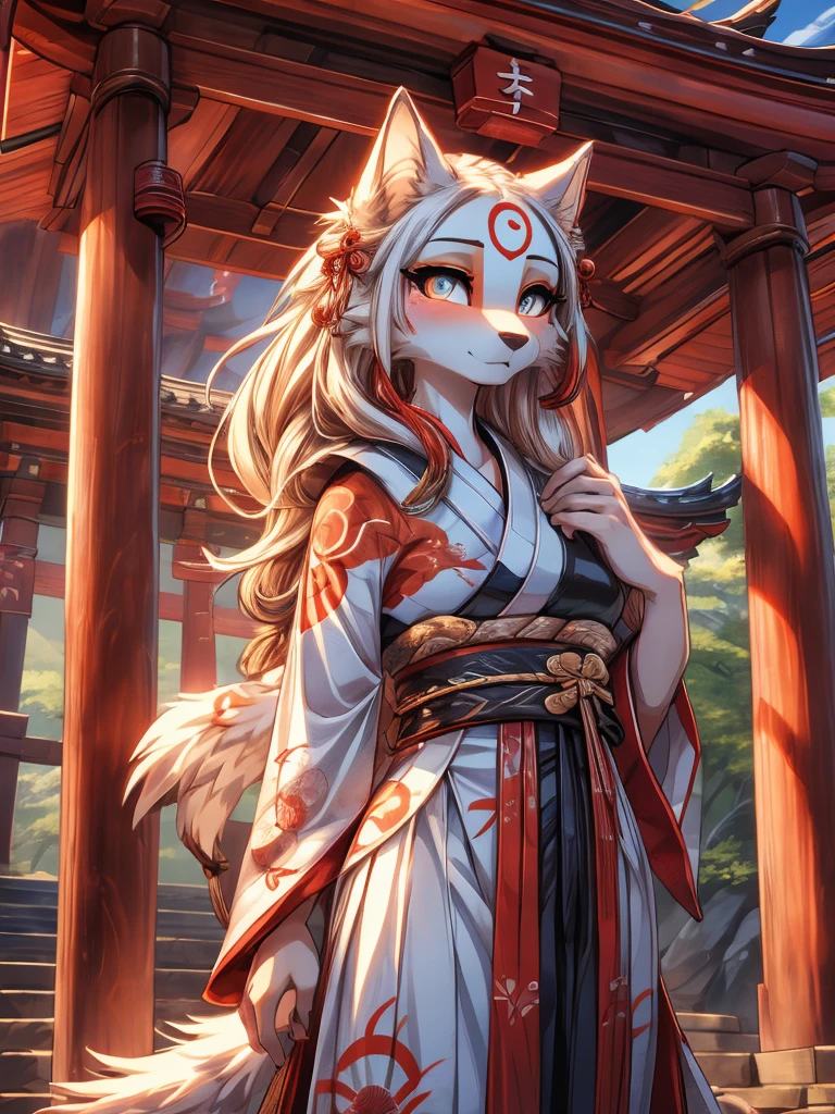 Kistune amaterasu Okami, add high definition_detagregate_detail:1, japanese shrine scenery add_detail:1, Whole body_detail, under a tori gate, super detailed pupils, beautiful eyes, bright pupils