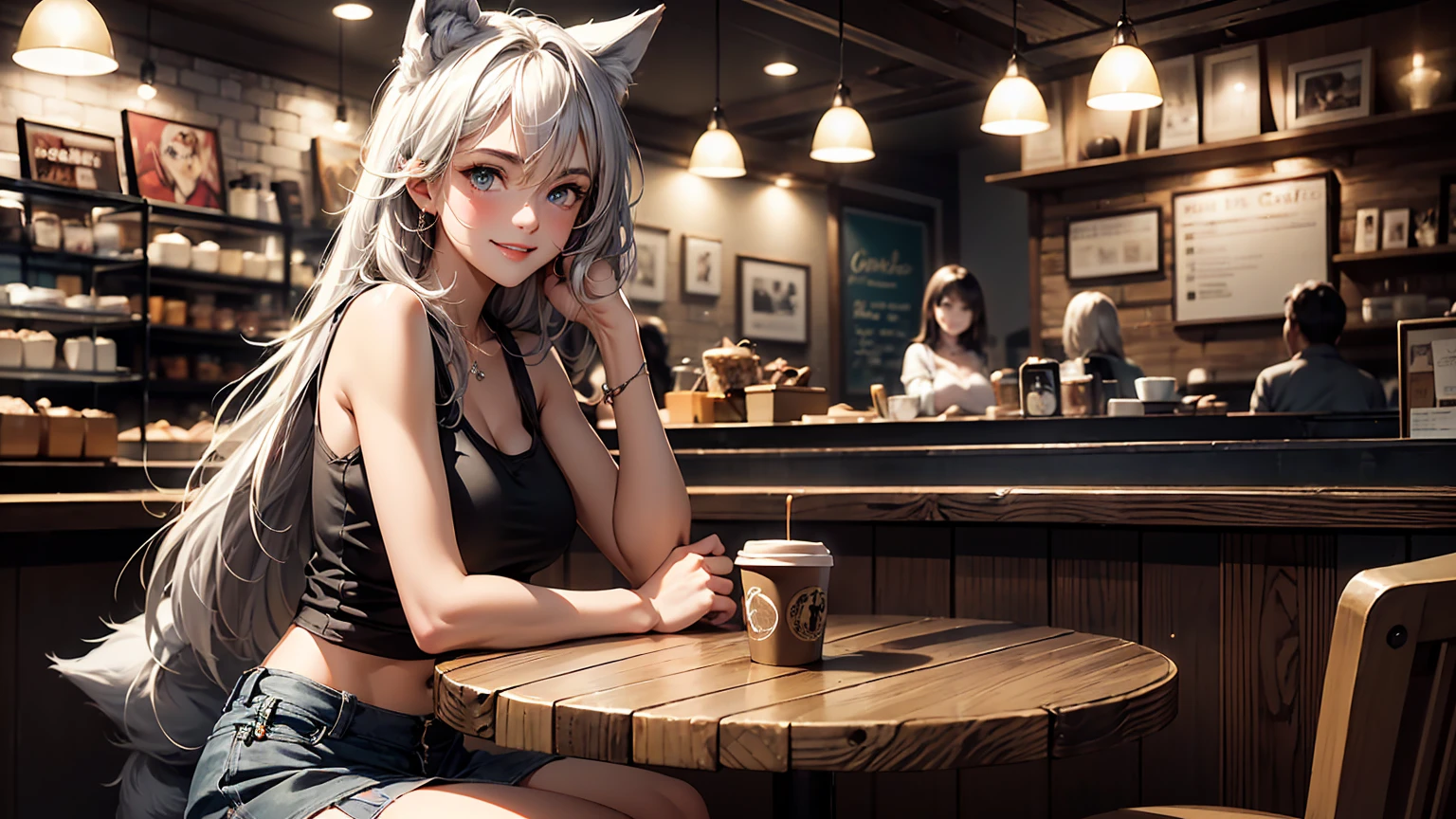 Illustrate a beautiful 20-year-old wolf girl with tan skin and long, flowing greyish hair. She has bright, captivating eyes and is dressed in a cute tank top that shows her midriff, paired with a short skirt. She is seated at a small round table in a cozy coffee shop, with soft lighting creating a warm ambiance. The wolf girl is posing playfully, with a big, happy smile and a touch of sexiness. The coffee shop is adorned with rustic and modern elements, including wooden counters, vintage posters, and comfortable seating. The image should showcase high-quality visual artistry, with intricate details, creating a cozy and inviting atmosphere.
