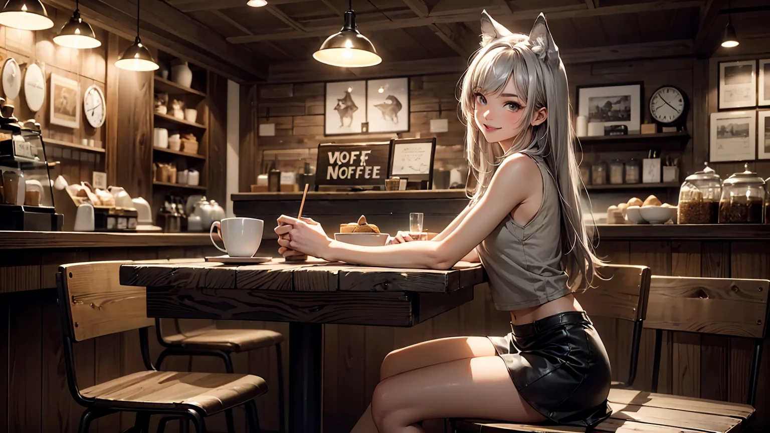 Illustrate a beautiful 20-year-old wolf girl with tan skin and long, flowing greyish hair. She has bright, captivating eyes and is dressed in a cute tank top that shows her midriff, paired with a short skirt. She is seated at a small round table in a cozy coffee shop, with soft lighting creating a warm ambiance. The wolf girl is posing playfully, with a big, happy smile and a touch of sexiness. The coffee shop is adorned with rustic and modern elements, including wooden counters, vintage posters, and comfortable seating. The image should showcase high-quality visual artistry, with intricate details, creating a cozy and inviting atmosphere.