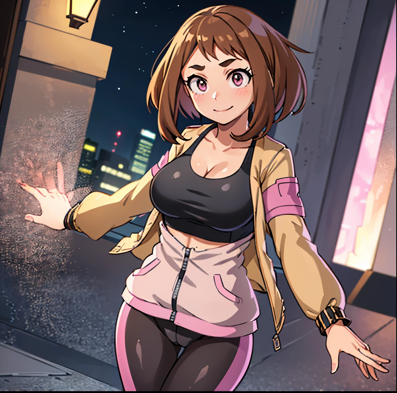 ((1girl)),((alone)),ochako uraraka,(masterpiece), (best quality), (ultra detailed), (best illustration), (best shadow), (absurdities), sharp focus, cowboy shot , dynamic posture looking at the viewer, big breasts, narrow waist, wide hips, wide thighs, round butt, erotic, romantic, (very detailed eyes, lips 1.1), very detailed eyes, eyes, Very detailed face, Very beautiful face, height full, beautiful slim figure, femininity, expressive appearance, elastic big breasts, sexuality, brown eyes, bright lips, brown hair, medium hair, shiny skin, ((pink short jacket:1.4)), ((open jacket:1.3)) , ((black sports bra:1.3)),(( cleavage)), collarbone, ((black yoga pants)), thigh gap, thick thighs, ((black pants)), embarrassed, ,defined body, perfect and beautiful body, perfect and beautiful, closed mouth, smile, happy smile, blushing, (sexy pose: 1.2), ((solo)), standing: 1.3, outdoor, cityscape, streets, city, night ,city lights,looking forward,((focus on breasts)), point of view:(from middle), perfect anatomy, perfect hands