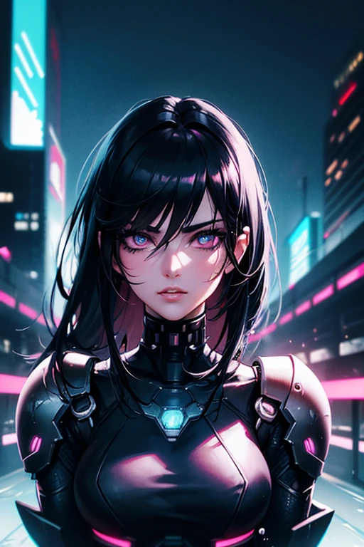 cyberpunk anime girl, 2 swords, black hair, detailed face, beautiful detailed eyes, beautiful detailed lips, extremely detailed eyes and face, long eyelashes, cinematic lighting, dramatic atmosphere, neon cyberpunk cityscape, glowing technological elements, intricate details, hyper-realistic, 8k, best quality, masterpiece, photorealistic