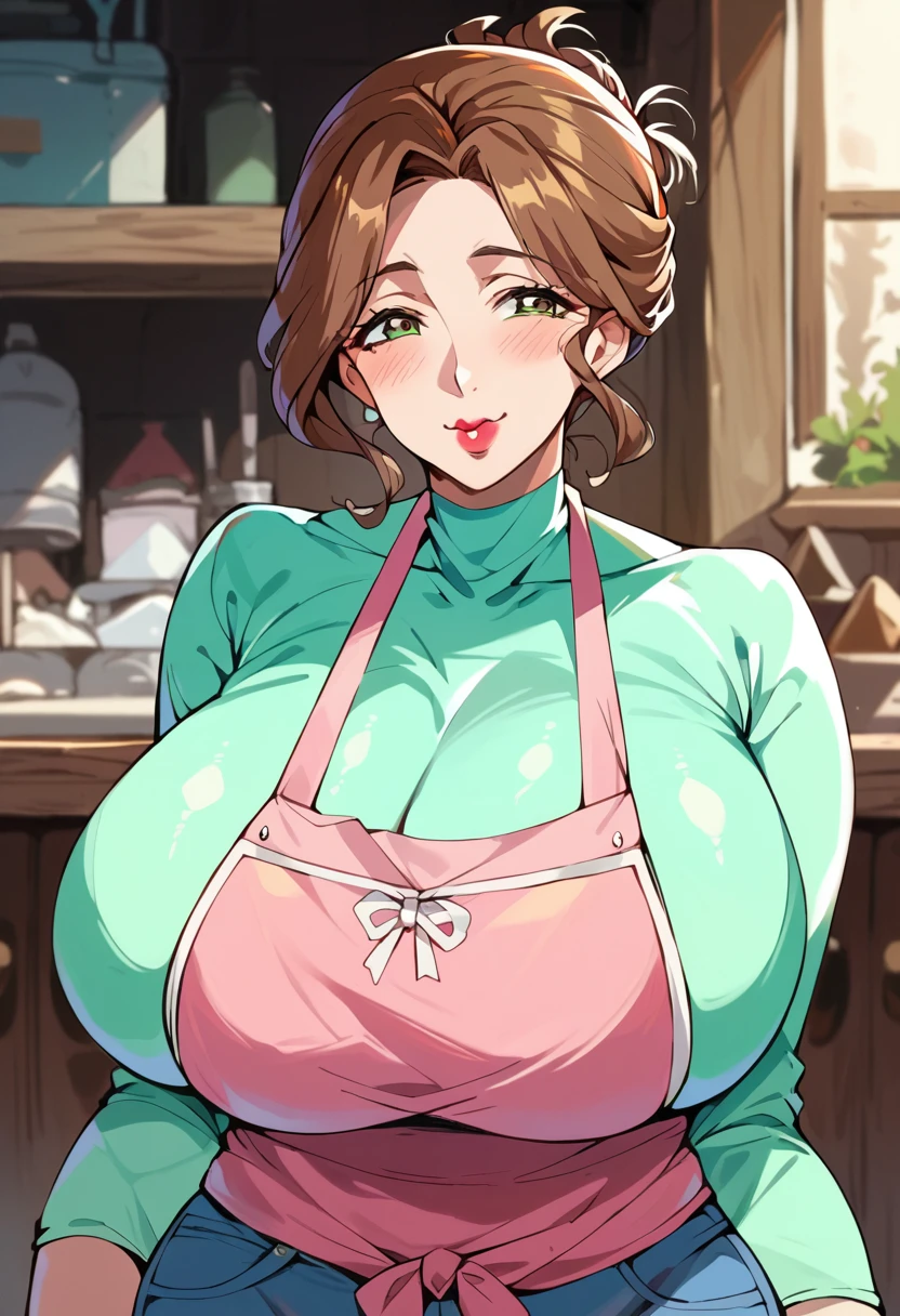 Anime Color,Turin Weathervane,(Huge breasts:1.4),Wide Hips,Thick thighs,Plump,Mature Woman,Brown Hair,Updo,lipstick,puppet,Light green shirt,Pink Apron,Blue Jeans,Cowboy Shot,blush