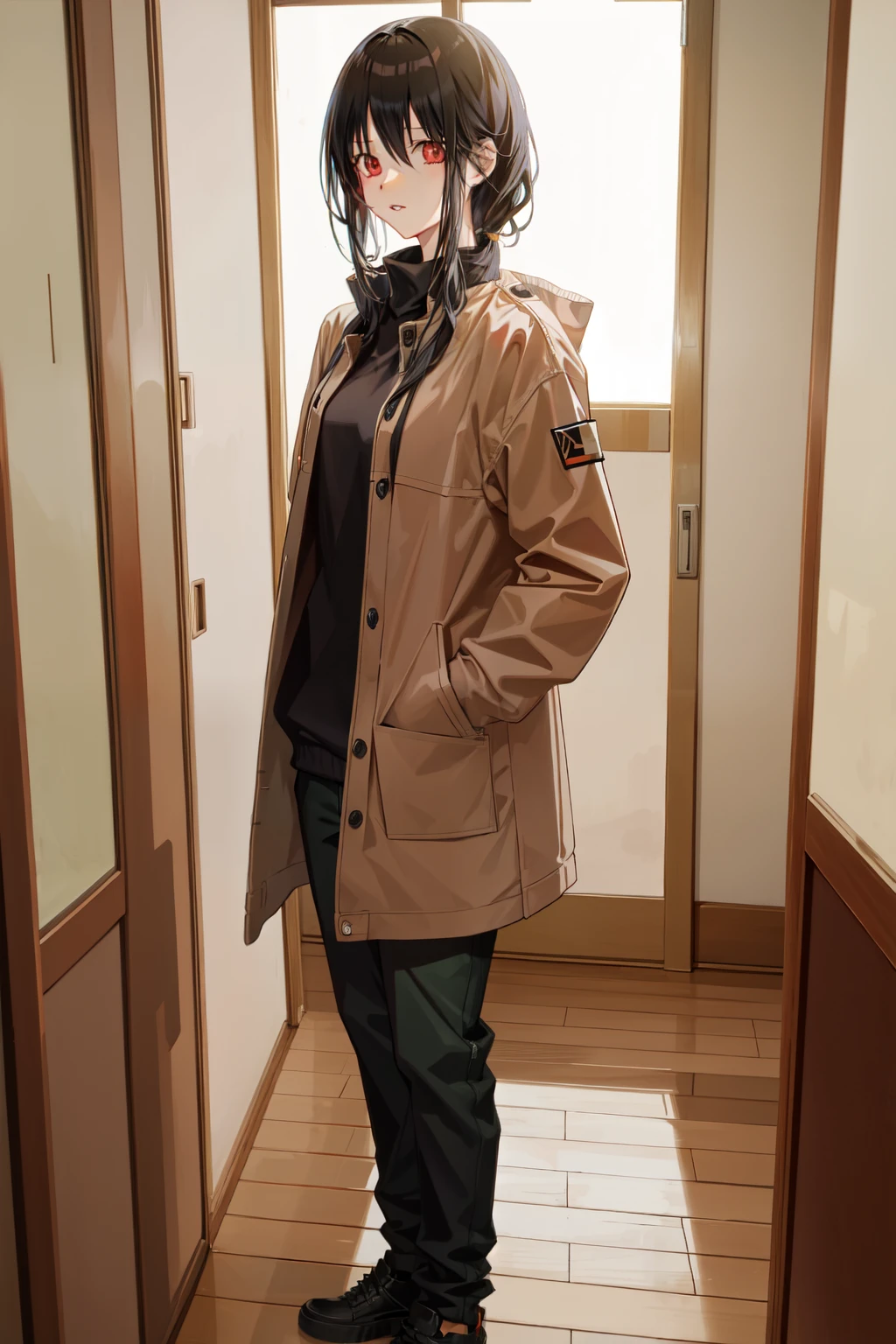 tokisaki kurumi, cloused mouth, looking at the viewer, jaket, trunk, 1 girl, lips, Bblack hair, standing alone