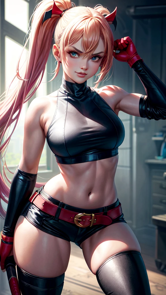 (best quality, highres:1.2), 1character, hot and curvaceous, detailed revealing outfit, white midriff tanktop, sexy shorts exposing panties up to hips, leather knee-high boots, Harley Quinn style, red and blue pigtails, baseball bat prop, HDR lighting, vivid colors, studio environment, extreme detail description, physical-based rendering, sharp focus, extreme curvature, revealing description, leather textures, confident pose, mid-shot, half body picture, full-frame appearance, provocative smirk, seductive eyes, bandana, belt with bat symbol, exposed shoulder, tattoos on arms, thigh-high socks, sexy and confident.
