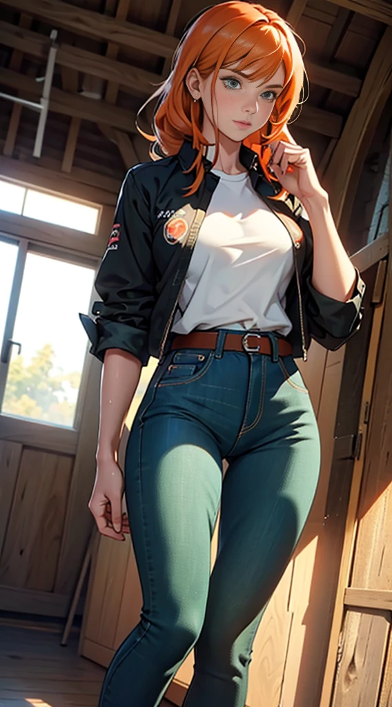 1girl, Best quality, masterpiece, cowboy shot, orange hair, green eyes, tight clothes, barn, wet, green checkered shirt, working, sexy, short jeans skirt, mid , cow print clothes:1.5, seductive, provocing, masterpiece, (dynamic angle:1.2), (dynamic posture:1.2), general plan, daylight, (best quality), (erotic), (ultra detailed), (16k, 8k, complex),(full body photo: 1), (focus on hips:1.2)