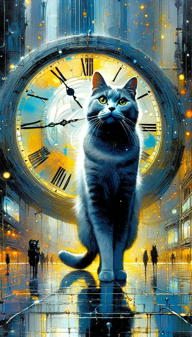 gray cat in clock world: 1.5, futuristic world: 1.5, surrealism, impressionism, art inspired by Bill Sienkiewicz