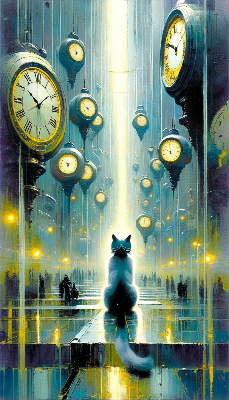 gray cat in clock world: 1.5, futuristic world: 1.5, surrealism, impressionism, art inspired by Bill Sienkiewicz