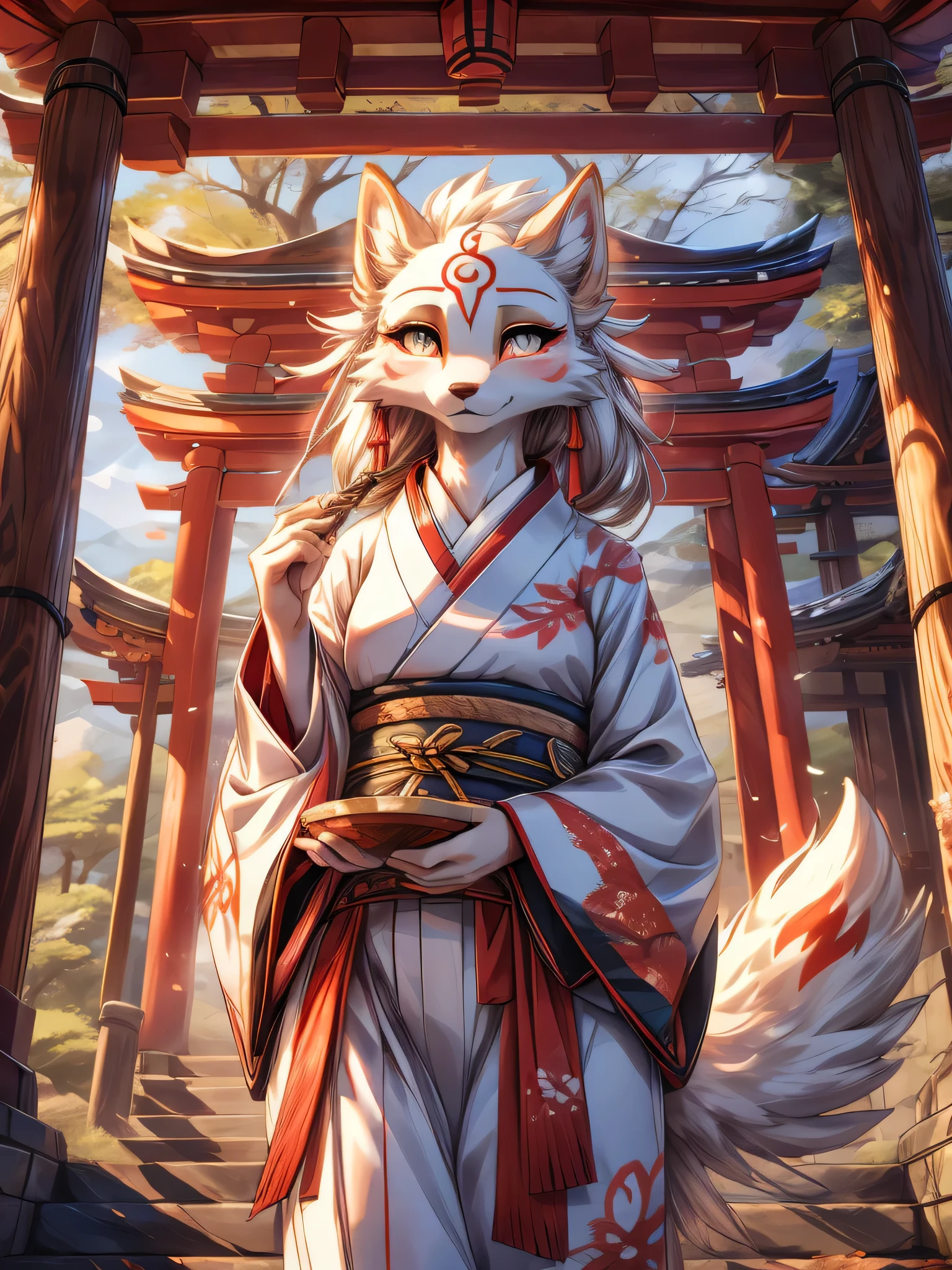 Kistune amaterasu Okami, add high definition_detagregate_detail:1, japanese shrine scenery add_detail:1, Whole body_detail, under a tori gate, super detailed pupils, beautiful eyes, bright pupils 