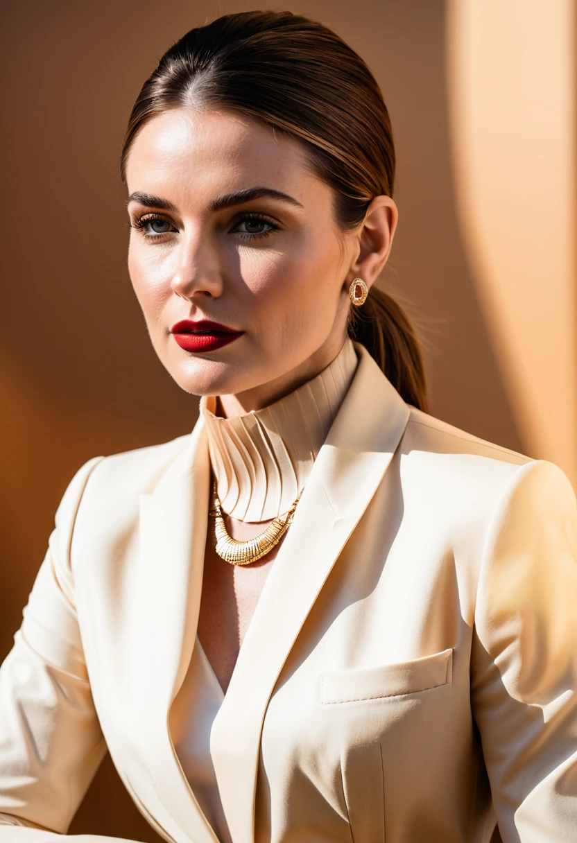 40-year old beautiful and attractive woman, wears too tight french-twist pleated-scarf in beige color with fine texture, wears Cartier necklace and earrings collection