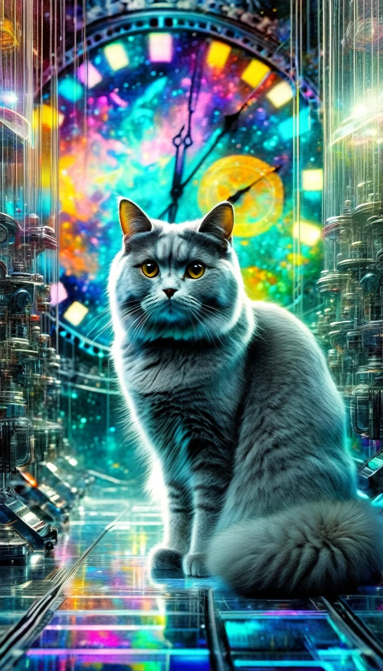 a gray cat in a futuristic and surreal world, a large analog clock in the background, impressionistic digital art inspired by Bill Sienkiewicz, highly detailed, cinematic lighting, vibrant colors, intricate details, masterpiece, best quality, 8k, ultra-detailed, realistic, photorealistic, HDR, studio lighting, physically-based rendering, extreme detail description, professional, vivid colors, bokeh
