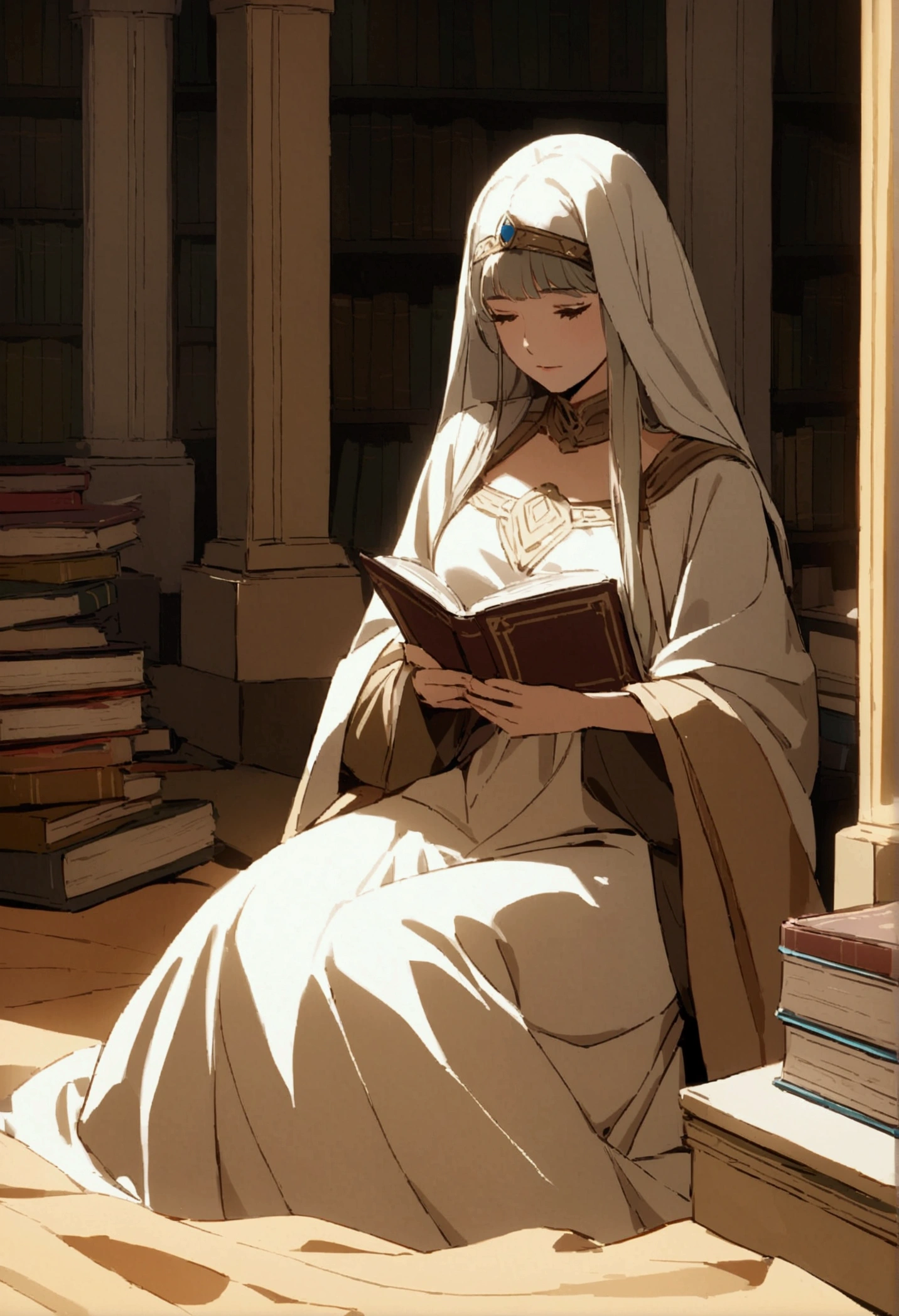 scene for the cover of a modest Caucasian woman in a library reading books buried in the desert sands
