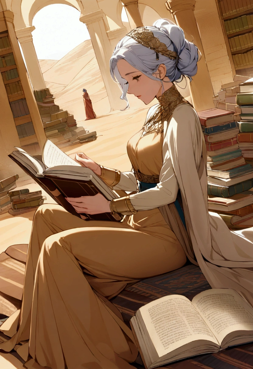 scene for the cover of a modest Caucasian woman in a library reading books buried in the desert sands