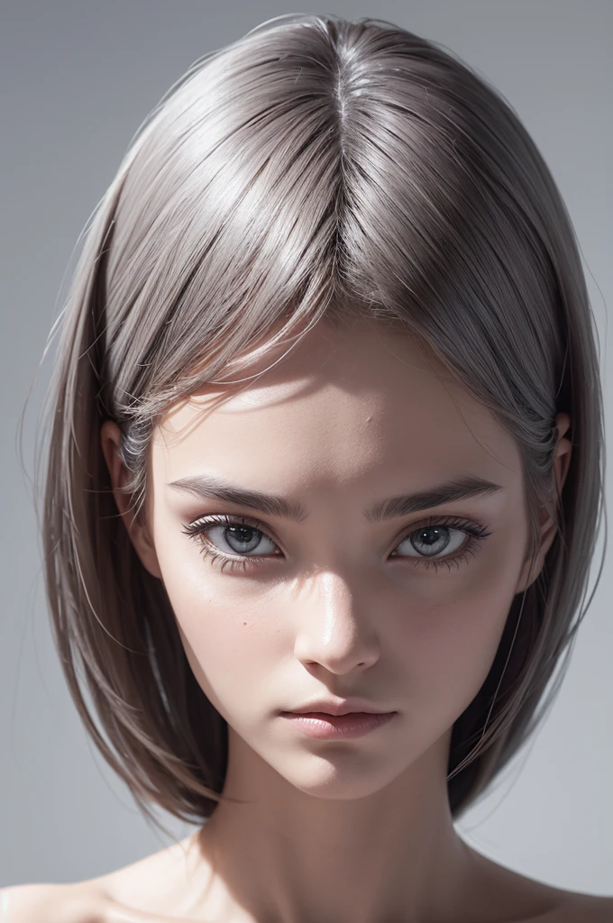 create a realistic image of a being from another planet that identifies the characteristics of the alien or extraterrestrial. frontal portrait of the being must have the full face and mysterious look forward. the image must have a white background.