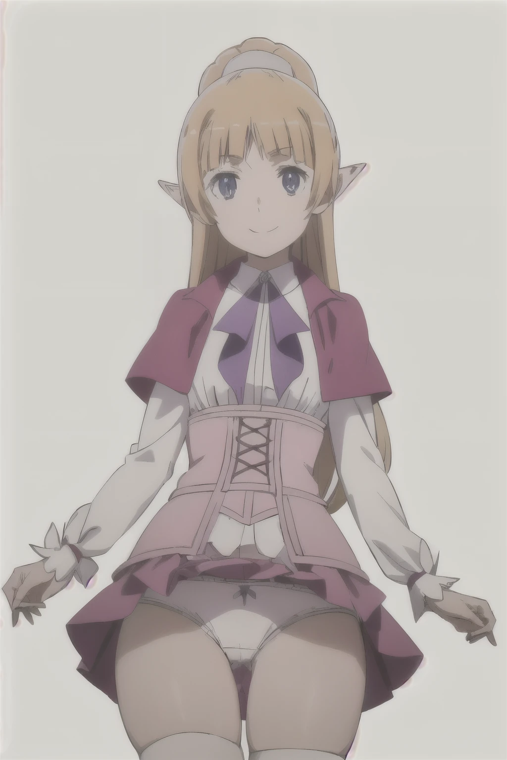 One, 1 girl, I look at the viewer, 2d, anime, anime coloring, whole body, (simple background, Solid white background:1.3), Lefia Virdis, bait, tape, butt skirt, smile, visible panties-shorts, white stockings