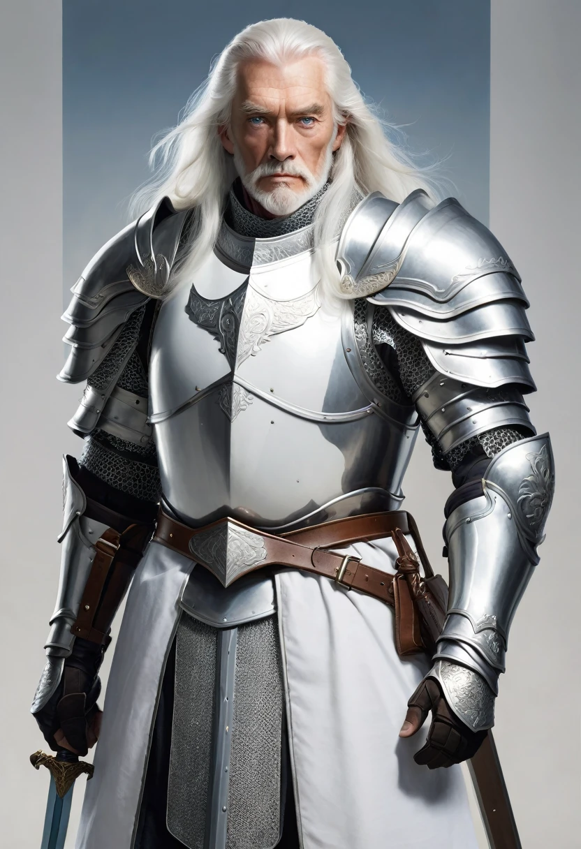 Old Knight, 65 years, tall, pale blue eyes, white long hair, lined features, handsome for his age, strong, duty-full look, solemn, complete white armor and shield, long sword