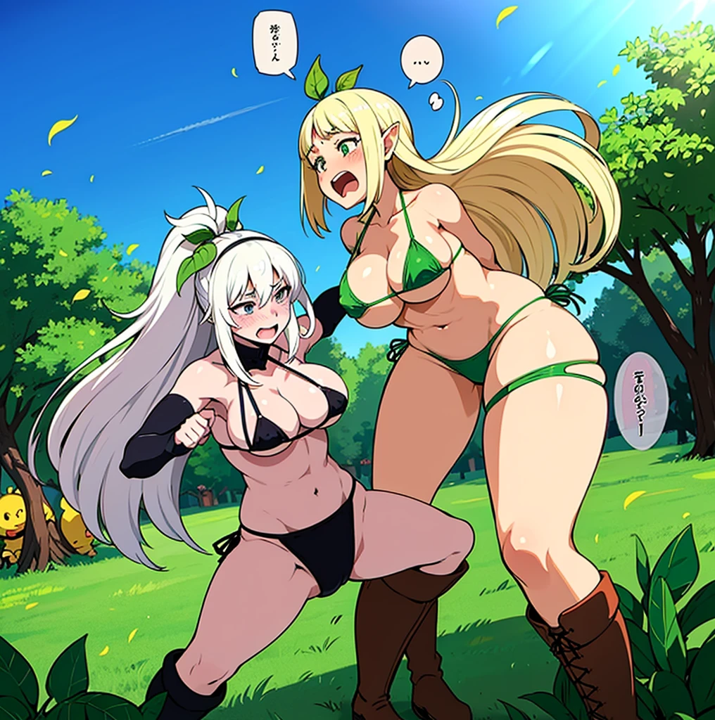 some pretty anime characters fighting over with one another over the top of them a sun blushing lewd face while wearing very tight boots micro leaf bikini, standing an animated figure with white hair holding a leaf and a green leaf behind her is speech bubble