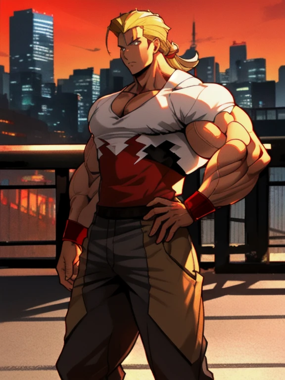 andykof, 1 chico, Blonde Slick Back Hair, Muscular, Casual Clothing, Bored Expression, , City Background, Full Body, Tanned Skin, Two Toned Red Highlighted Hair, School Background, male