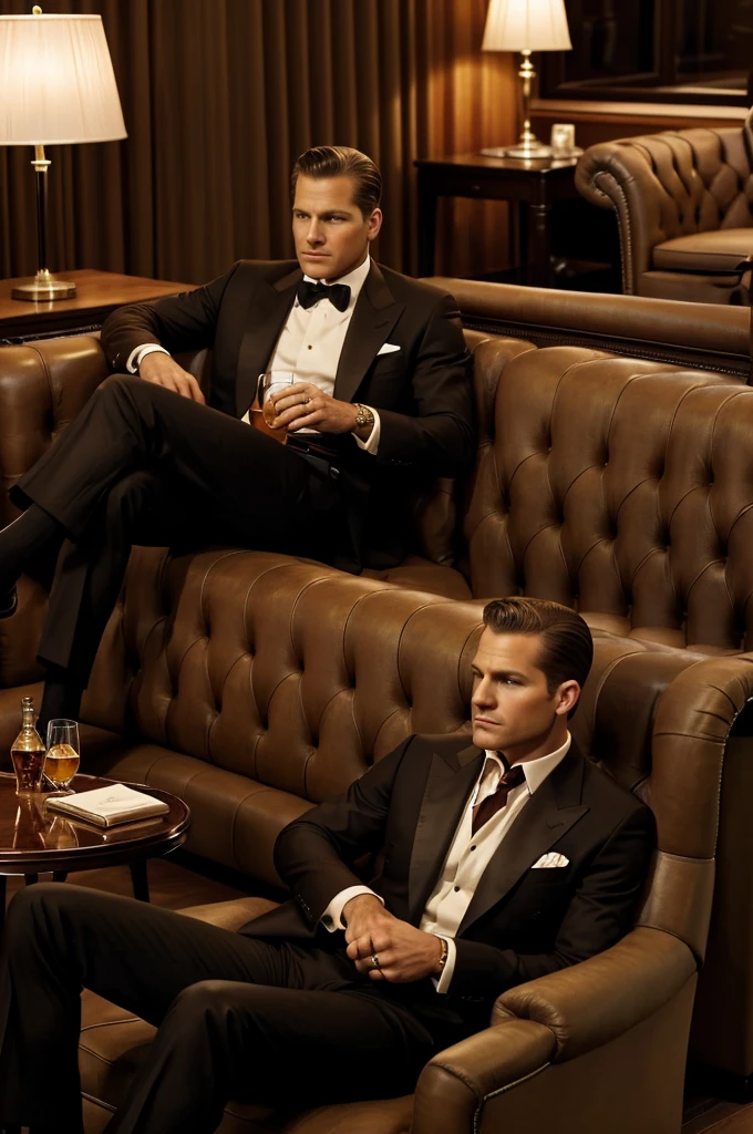 Create a picture of a stylish whiskey cigar jazz lounge. In the foreground, four men sit on elegant Chesterfield armchairs. Dickie Greenleaf wears a smart leisure suit and holds a glass of whiskey. Harvey Specter sits confidently in a tailored suit and also holds a glass of scotch. Chico Laschowski and Sean O&#39;Brien sit relaxed next to them, maybe with cigars in hand. The lounge has dark wood paneling, dim lighting and heavy curtains. In the background a jazz band plays on a small stage, and the atmosphere is smoky and cozy.