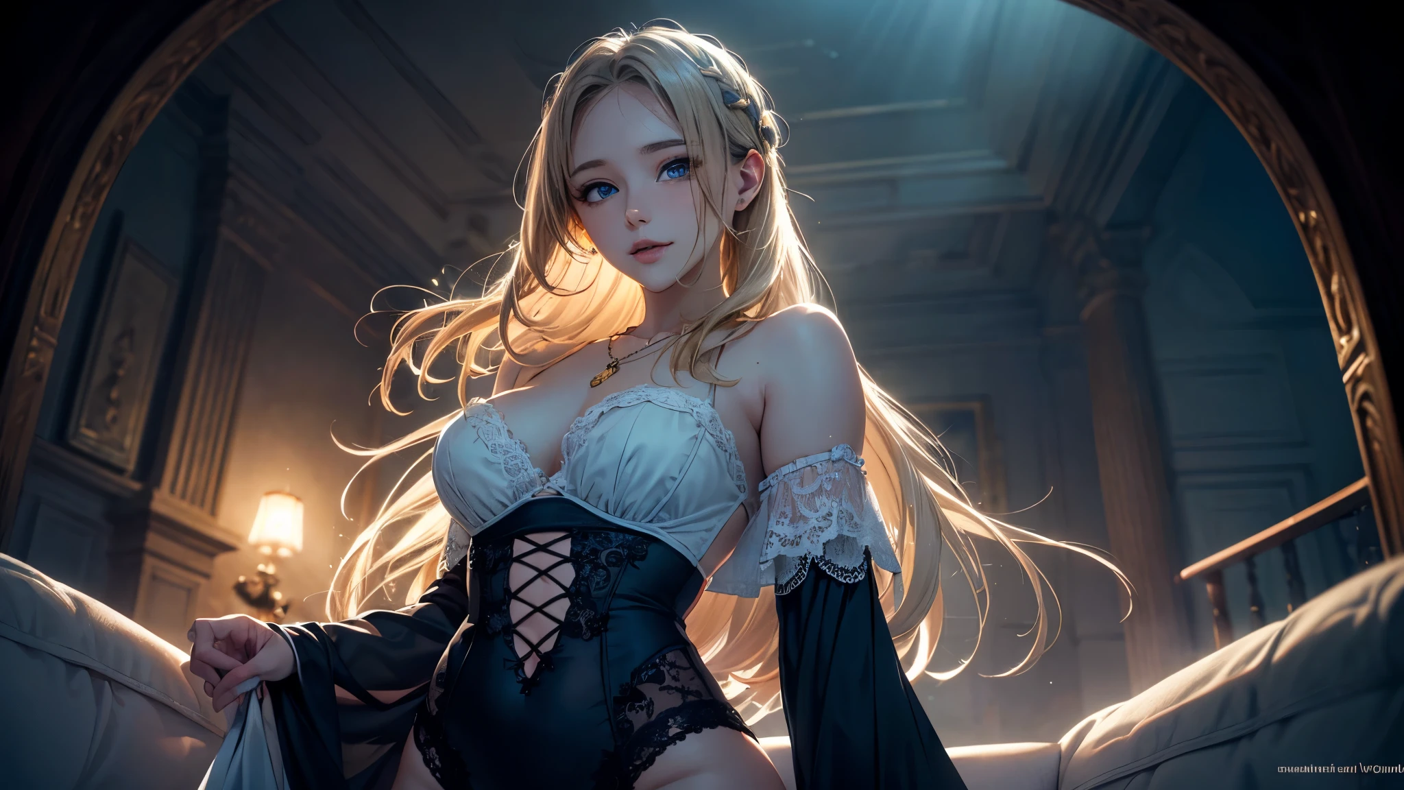 (​masterpiece),(top-quality:1.2),1girl in,(masuter piece:1.3),exquisitedetails, Highest quality 8K resolution, Ultra-detailed, Realistic, Vibrant colors, Soft tones, With warm and gentle lighting,(Smooth straight blonde hair:1.2),(Hair parted in the middle:1.3),(Glowing hair),(Dark blue eyes:1.3),White skin, hair clips,Small necklace,A gentle feeling overflows,The sun's rays illuminate joy and pure love, Warm golden glow,The atmosphere is full of happiness and laughter, As if celebrating love,Ultra-detailed depiction and vivid colors,A style that combines romanticism and realism,depth of love,color palettes,Create an ethereal atmosphere like a dream,Lighting is soft and diffused,masterpiece artwork,light light on the face, lace stockings, slender legs, full length view
