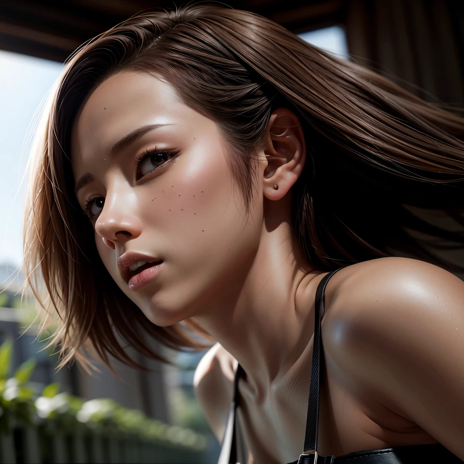 (((Misako Renbutsu)))Beautiful Young Female with (Silver Fox Tail) Stooped in Dusk City Street, extremely delicate and beautiful,Outstanding light and shadow,Clear and bright sunlight, Professional portrait (Face Closeup from below), Semi-nude photography, ((backlighting, beltbra)), {(Tyndall effect)|lens flare|Shade|bloom|[chromatic aberration]} (Light particles), TopQuality Masterpiece of 8K Ultra-detailed DigitalPainting (by Jeremy Lipking)  on all four