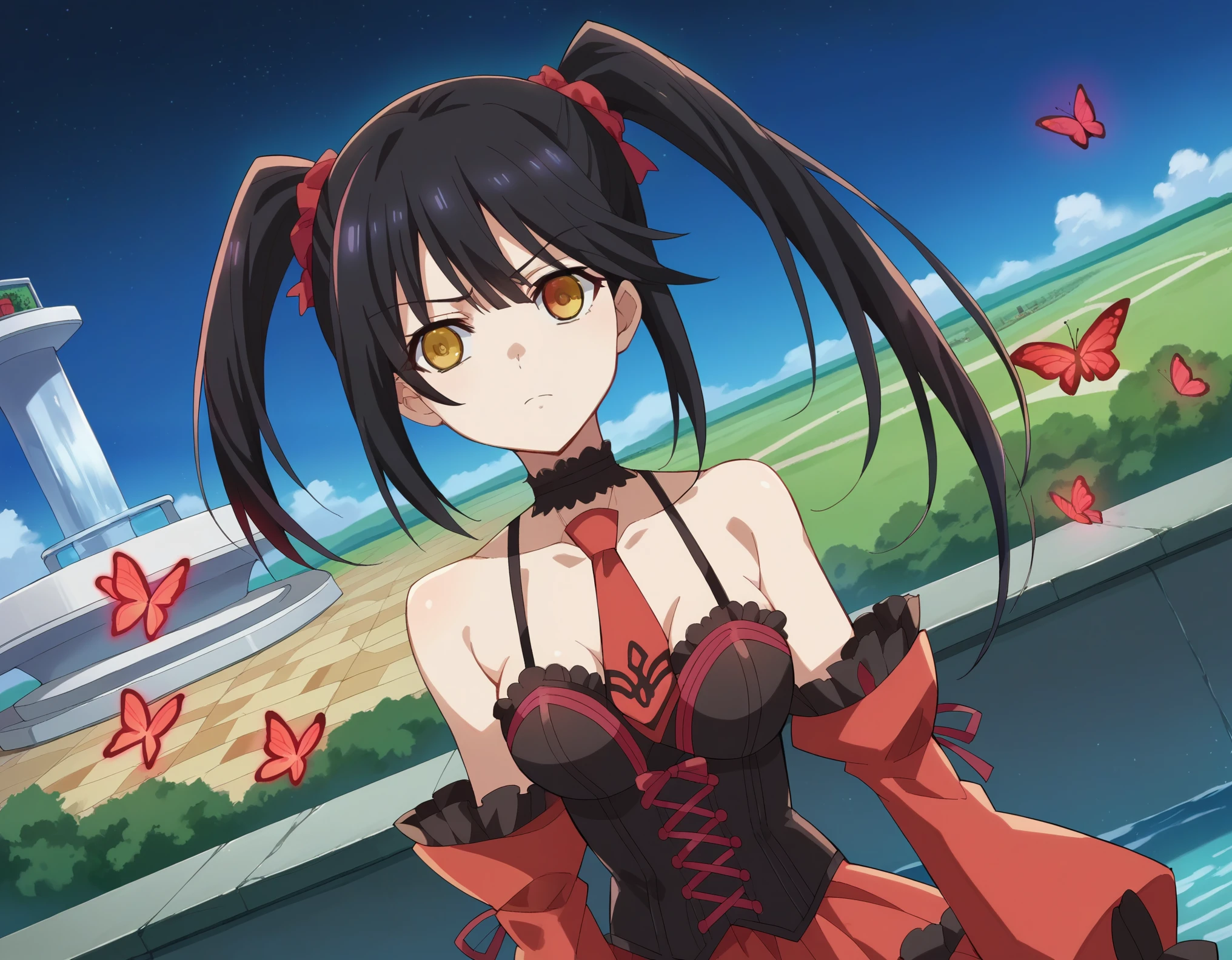 punctuation_9, punctuation_8_High above, punctuation_7_High above, fountain_アニメ, 
kurumitokisaki, kurumi tokisaki astral don, long hair, Bblack hair, Eyes red, twintails, yellow  eyes, hair elastic, heterochromia, ssmile, don, red don, bared shoulders, clavicle, choker, butterfly necktie, red butterfly necktie, detached sleeves, corset, volantes, 
plein-air, urban landscape, night sky, starry sky, moonligh,
looking ahead at viewer, cowboy shot, dutch angle,