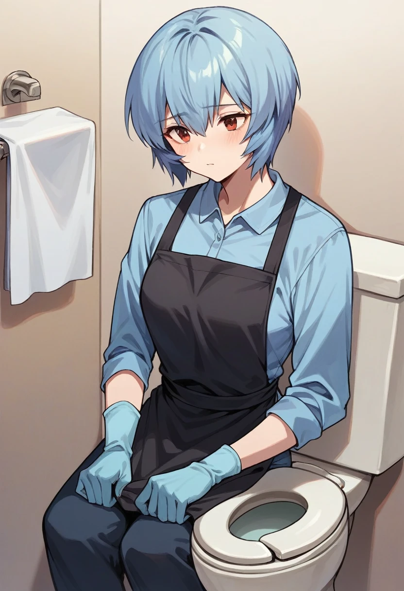 1girl, rei ayanami, ((blue half elbow gloves)), (light blue shirt), ((long sleeves)), (black apron), (pants), clean the toilet, solo