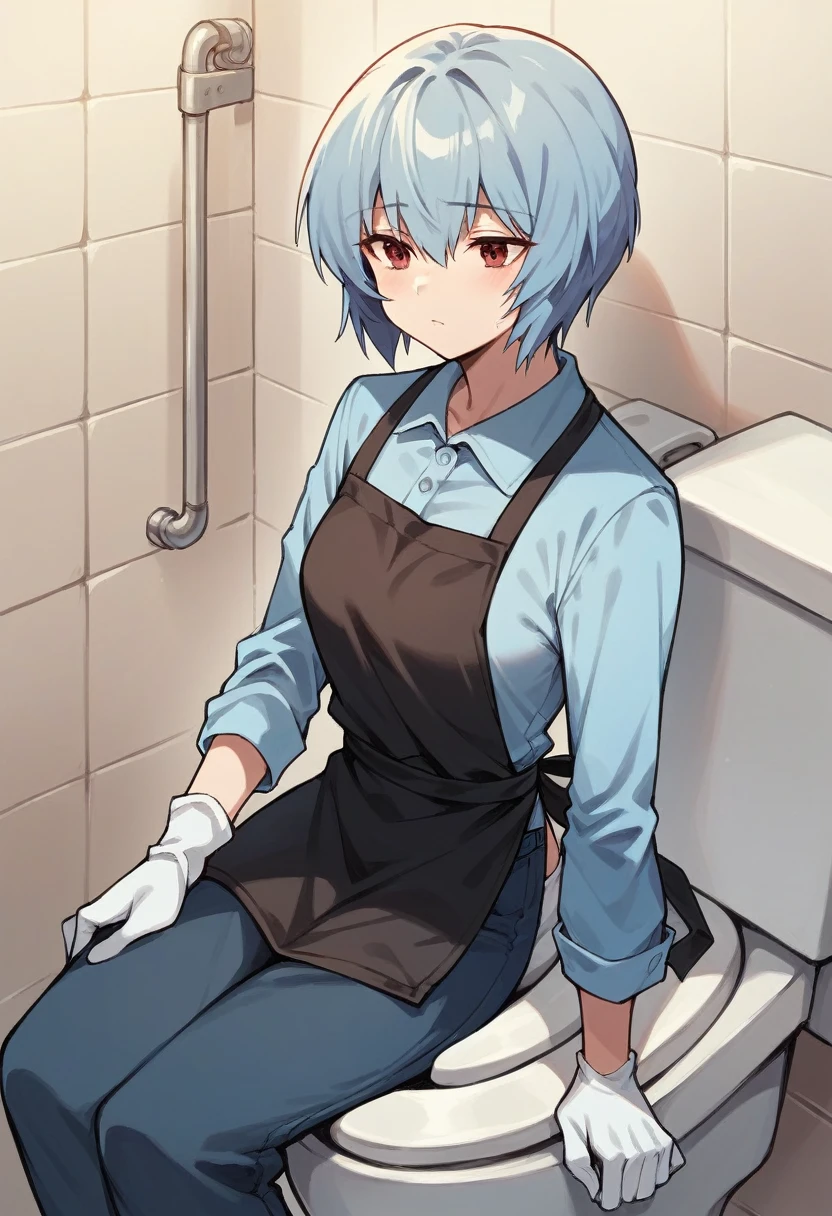 1girl, rei ayanami, ((blue half elbow gloves)), (light blue shirt), ((long sleeves)), (black apron), (pants), clean the toilet, solo
