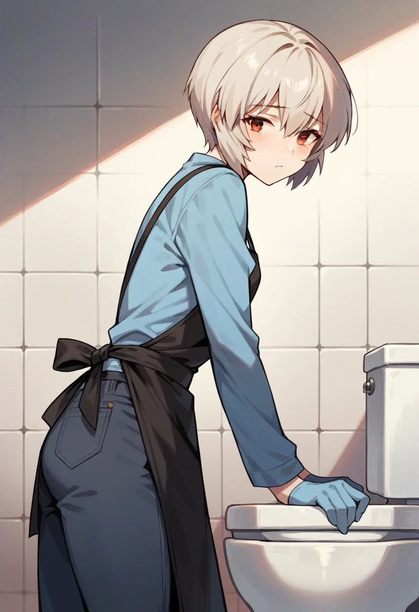 1girl, rei ayanami, ((blue half elbow gloves)), (light blue shirt), ((long sleeves)), (black apron), (pants), clean the toilet, solo