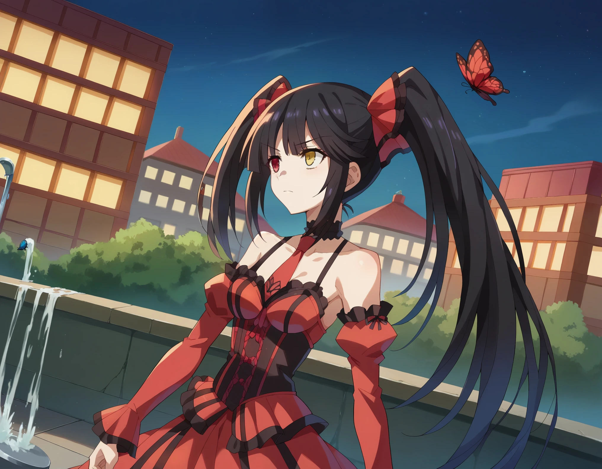 punctuation_9, punctuation_8_High above, punctuation_7_High above, fountain_アニメ, 
kurumitokisaki, kurumi tokisaki astral don, long hair, Bblack hair, Eyes red, twintails, yellow  eyes, hair elastic, heterochromia, ssmile, don, red don, bared shoulders, clavicle, choker, butterfly necktie, red butterfly necktie, detached sleeves, corset, volantes, 
plein-air, urban landscape, night sky, starry sky, moonligh,
looking ahead at viewer, cowboy shot, dutch angle,