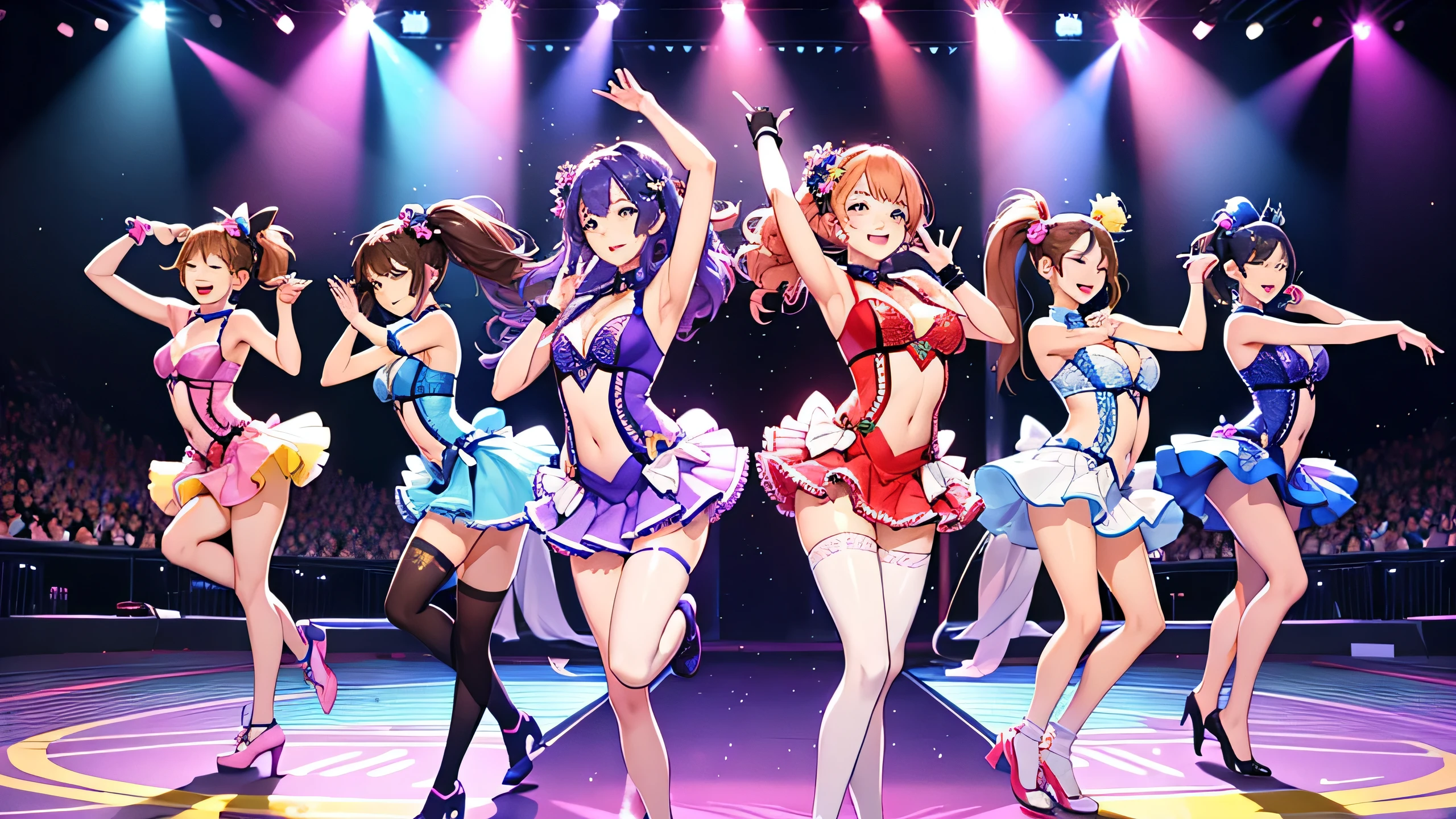 An idol group is blowing kisses。dance。on stage。A colorful world。