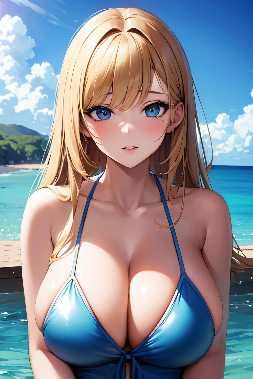 Masterpiece, Best quality, Beautiful girl, Beautiful face, Sea, Blonde, Swimsuit, Big breasts, Cleavage,