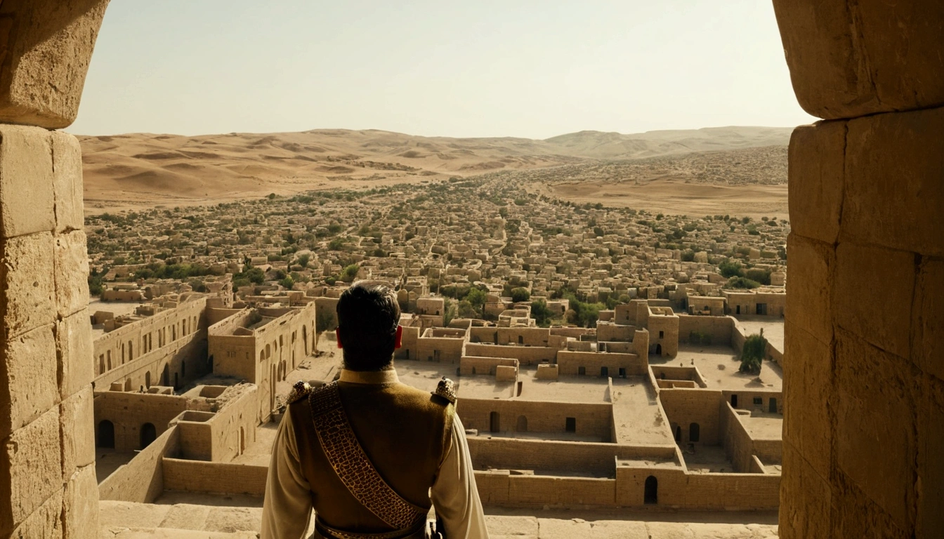 The king salomon see from the windows how The small army was moving away from King Solomon's kingdom, the army's banners fluttering in the wind. The place looks like it dates back to Mesopotamia, clear illuminating. Cinematic Realistic photograpy