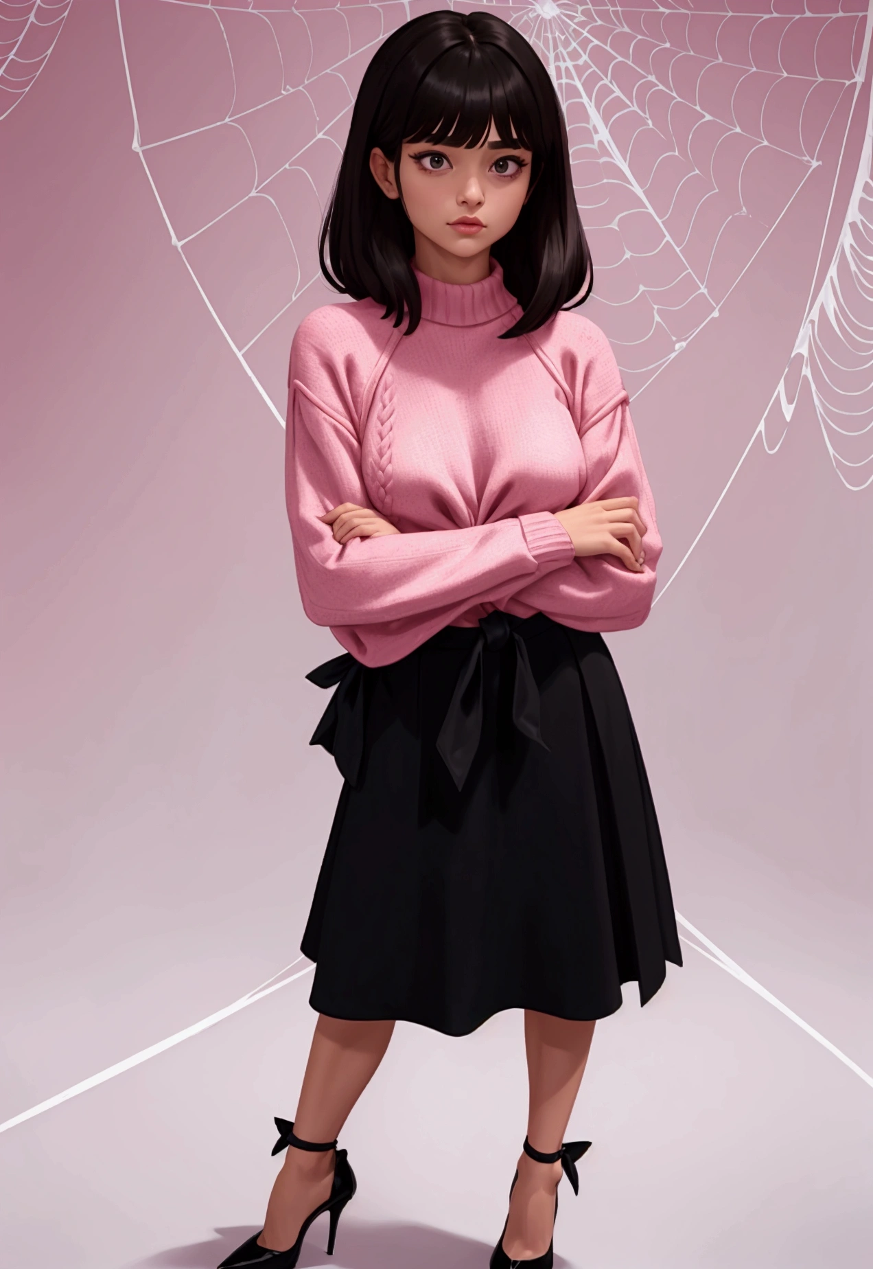 masterpiece, best quality, abs, a pink sweater, black skirt, High Heels, meeting, shorth hair, bangs, Viewers look at, 1 girl, The size, tied, reserved, silk, Spider web, silk, masterpiece, best quality, muito detalhado, tied arms, Arms behind the back