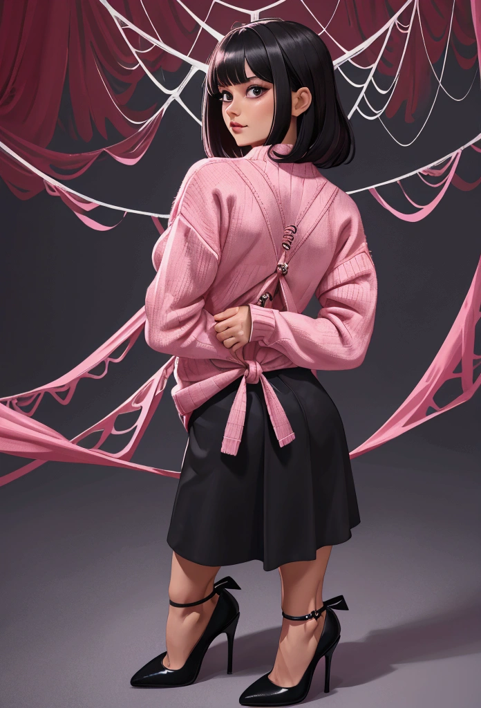 masterpiece, best quality, abs, a pink sweater, black skirt, High Heels, meeting, shorth hair, bangs, Viewers look at, 1 girl, The size, tied, reserved, silk, Spider web, silk, masterpiece, best quality, muito detalhado, tied arms, Arms behind the back