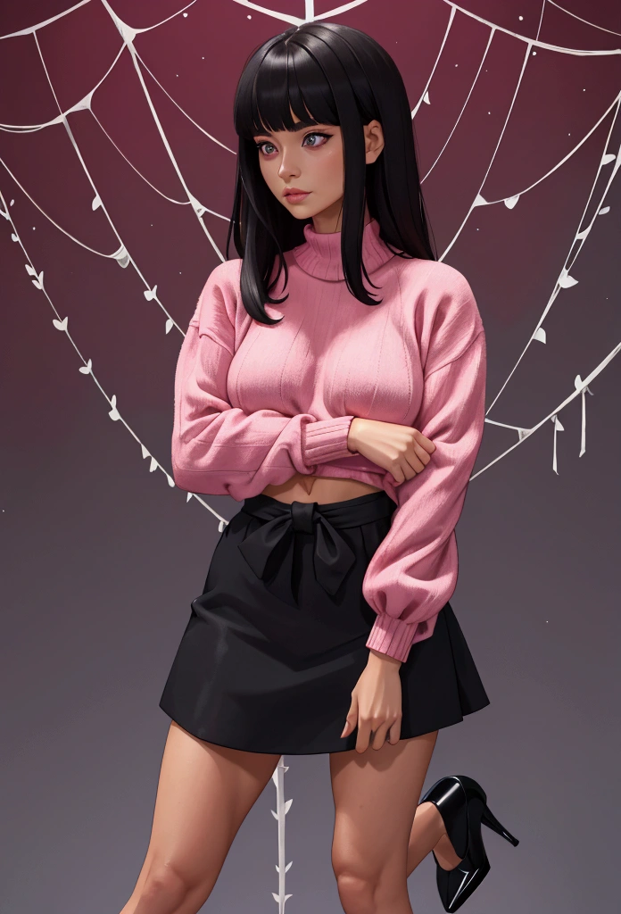 masterpiece, best quality, abs, a pink sweater, black skirt, High Heels, meeting, shorth hair, bangs, Viewers look at, 1 girl, The size, tied, reserved, silk, Spider web, silk, masterpiece, best quality, muito detalhado, tied arms, Arms behind the back