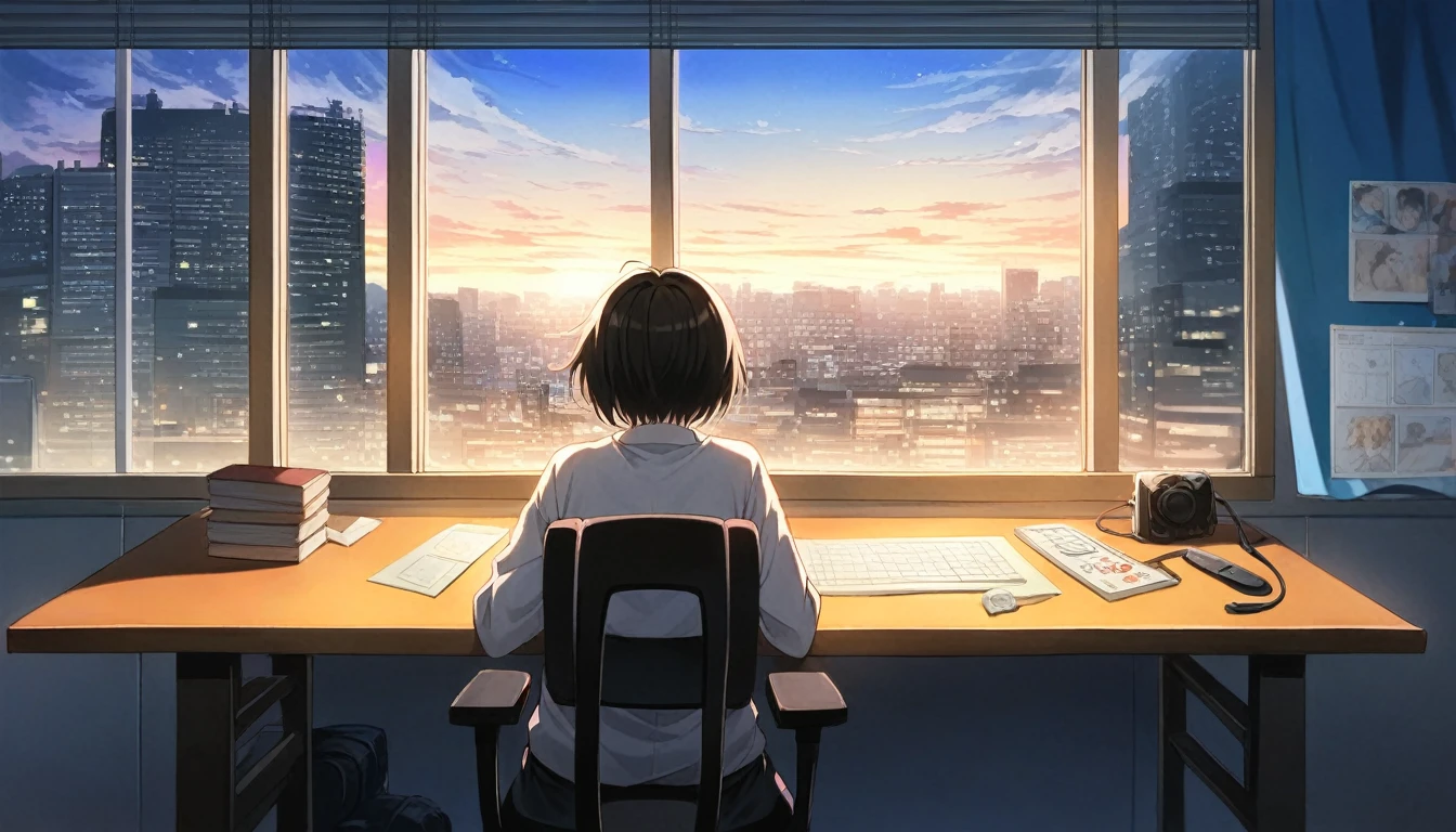 Gaming Chair、Gaming Room、Large windows、One-sided window、Back view、night、Anime girl sitting at a desk in front of a window with a city view, Anime Background art, Anime Aesthetics, Anime Background, Anime atmosphere, anime wallpaper 4k, anime wallpaper 4k, Anime Aesthetics, 4k anime wallpaper, anime art wallpaper 4k, anime art wallpaper 4k, Anime Art Wallpapers 8K, Anime Girl Desktop Backgrounds, Awesome Wallpapers